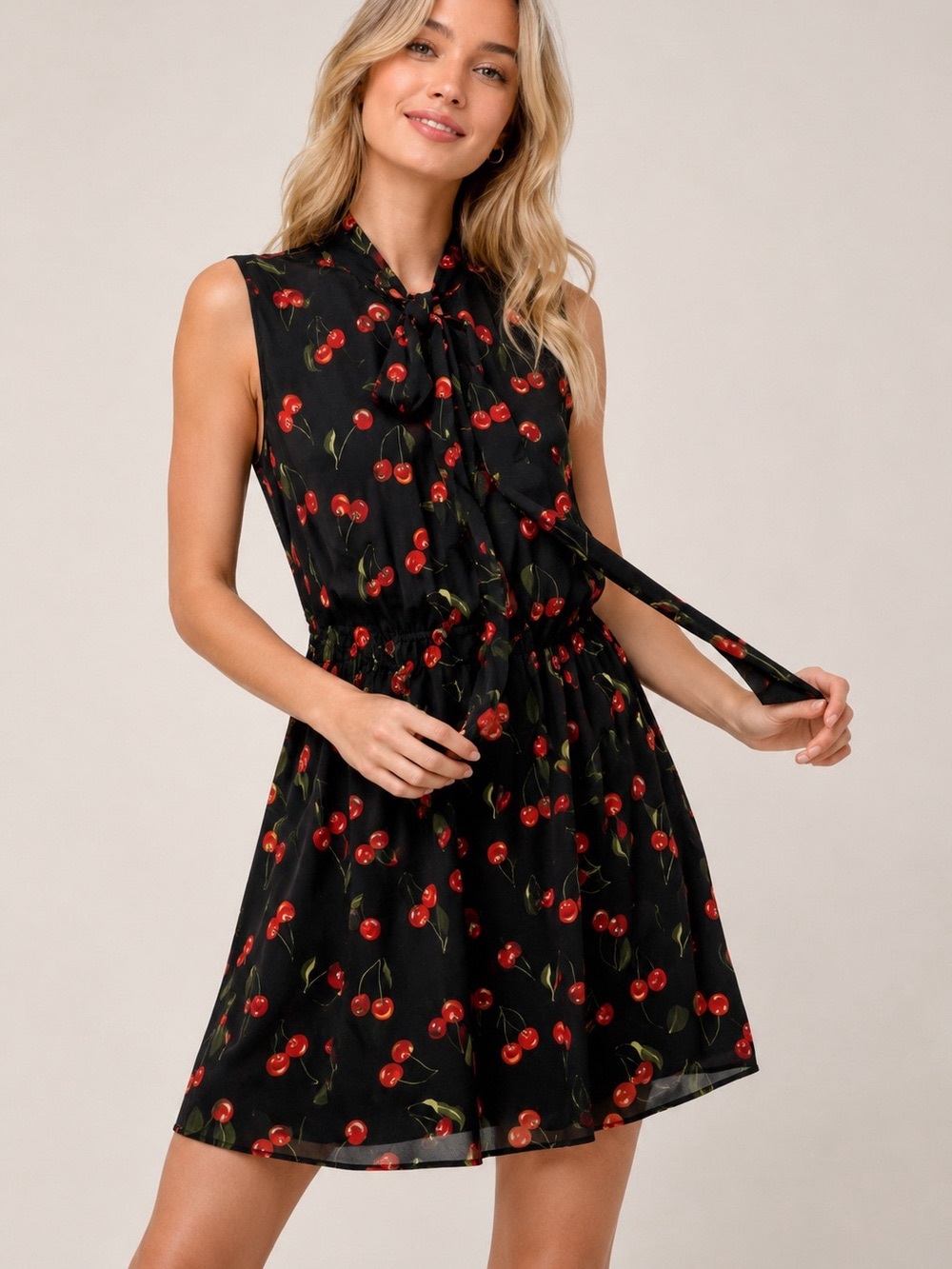 Sunday Best Black Cherry-Print Tie-Neck Dress